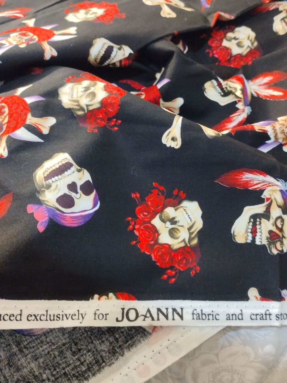 Black Skull Print Scarf with Red Cotton Fabric 2 Yards Joann's